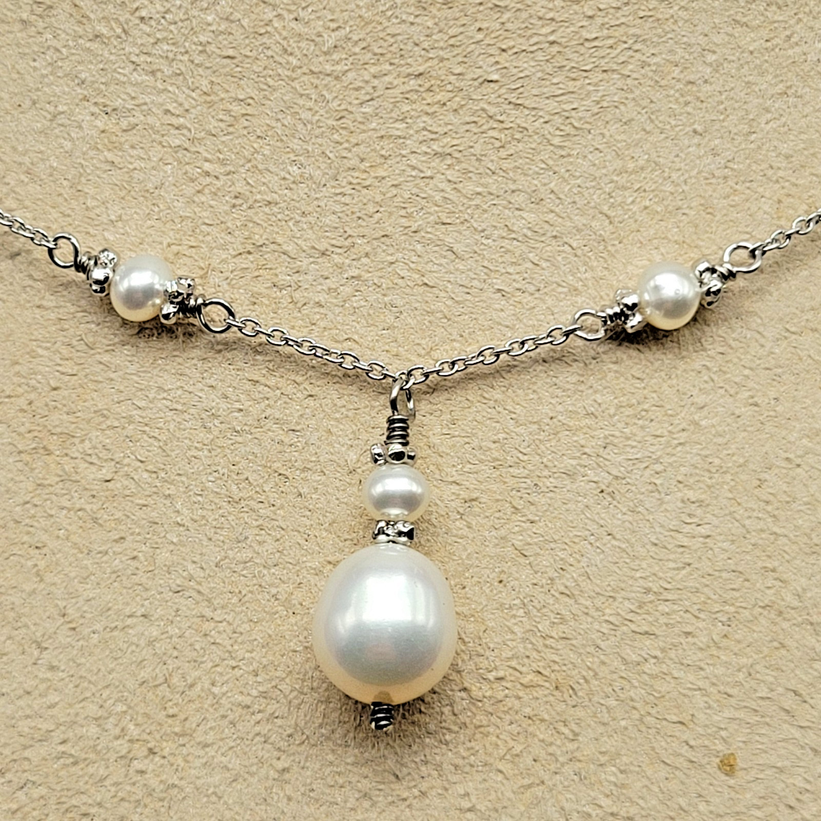Sterling Silver Cultured Freshwater Pearl Station Pendant Necklace ~ 15" - 18"
