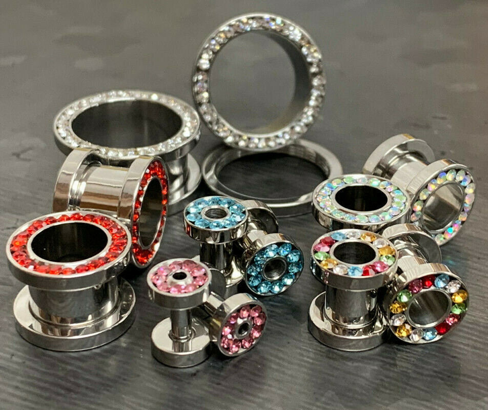 PAIR CZ Gem Rimmed 316L Surgical Steel Screw Fit Tunnels Plugs Earlets Gauges