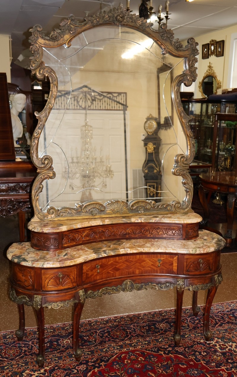 French Louis XV Style Inlaid Walnut Marble Top Etched Mirror Vanity Circa 1920's