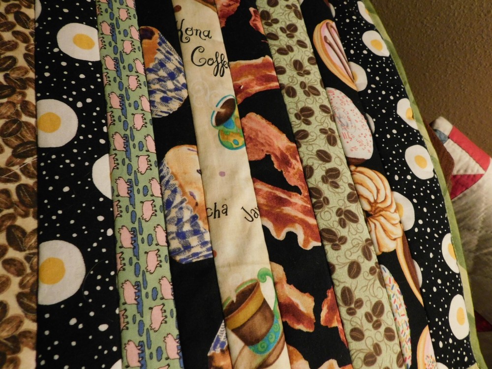 Breakfast Handmade Quilt Panel Table Runner Pieced Strips Coffee Eggs Bacon