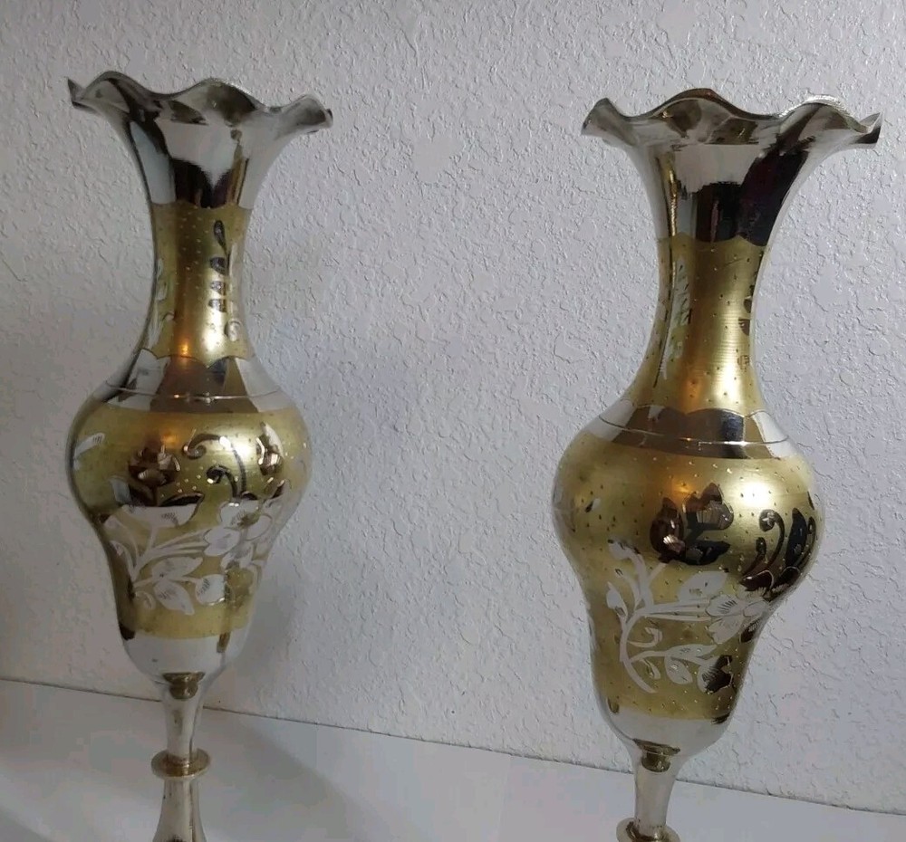 Vtg Middle Eastern Silver over Brass Vase Etched Engraved Set-Nice Shape 11.5 "