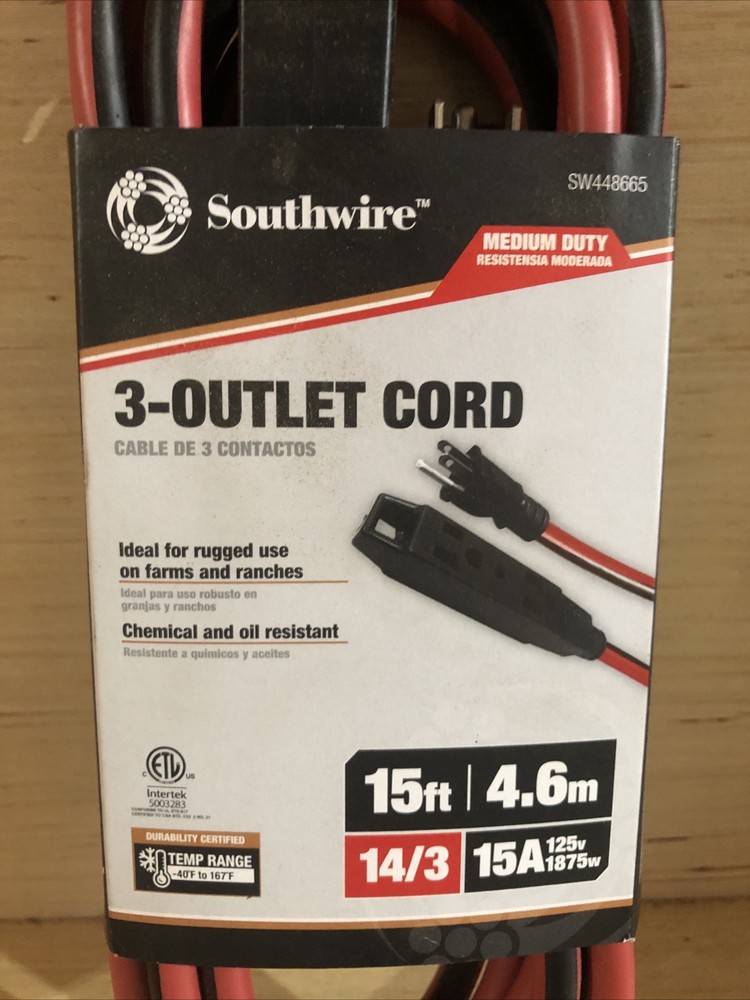 Southwire 3-Outlet Cord 15ft 4.6m Medium Duty ￼