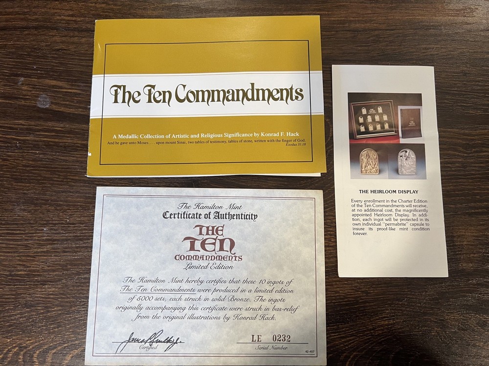 Hamilton Mint Ten Commandments Bronze Ingots with Case & Frame COA #0232/5000