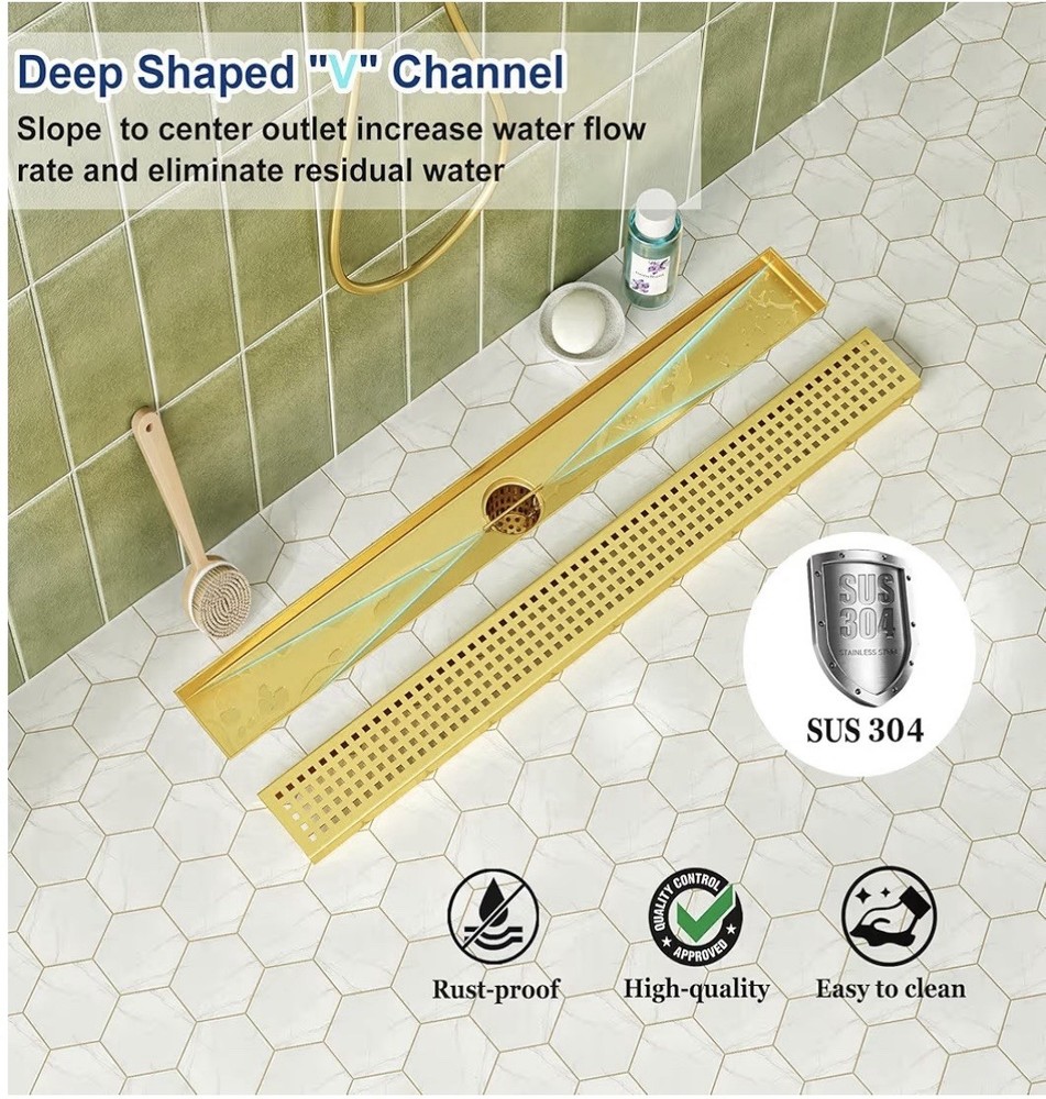 24" Linear Shower Floor Drain | Brushed Brass