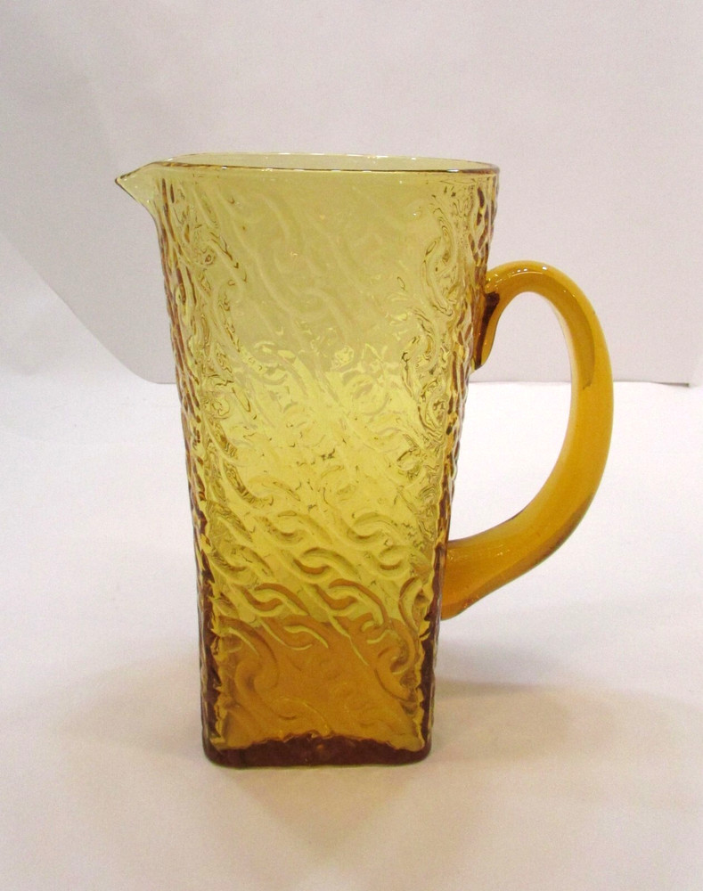 Vintage Unusual Log Chain Link Embossed Pattern Square Bottom Gold Glass Pitcher