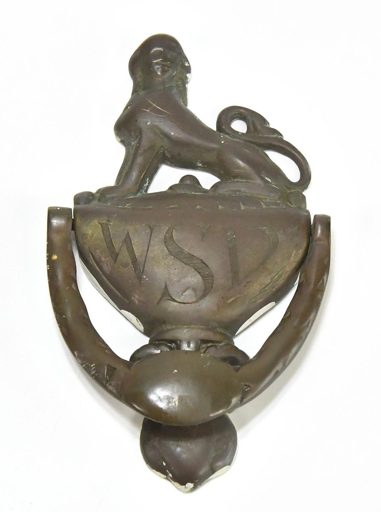 VINTAGE LARGE BRASS DOOR KNOCKER LION DESIGN WITH WSD ETCHED
