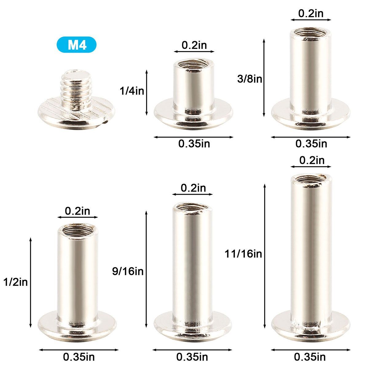 100Pcs Chicago Screws Metal Screw Posts Nail Rivet for Leather Crafts 5 Size Set