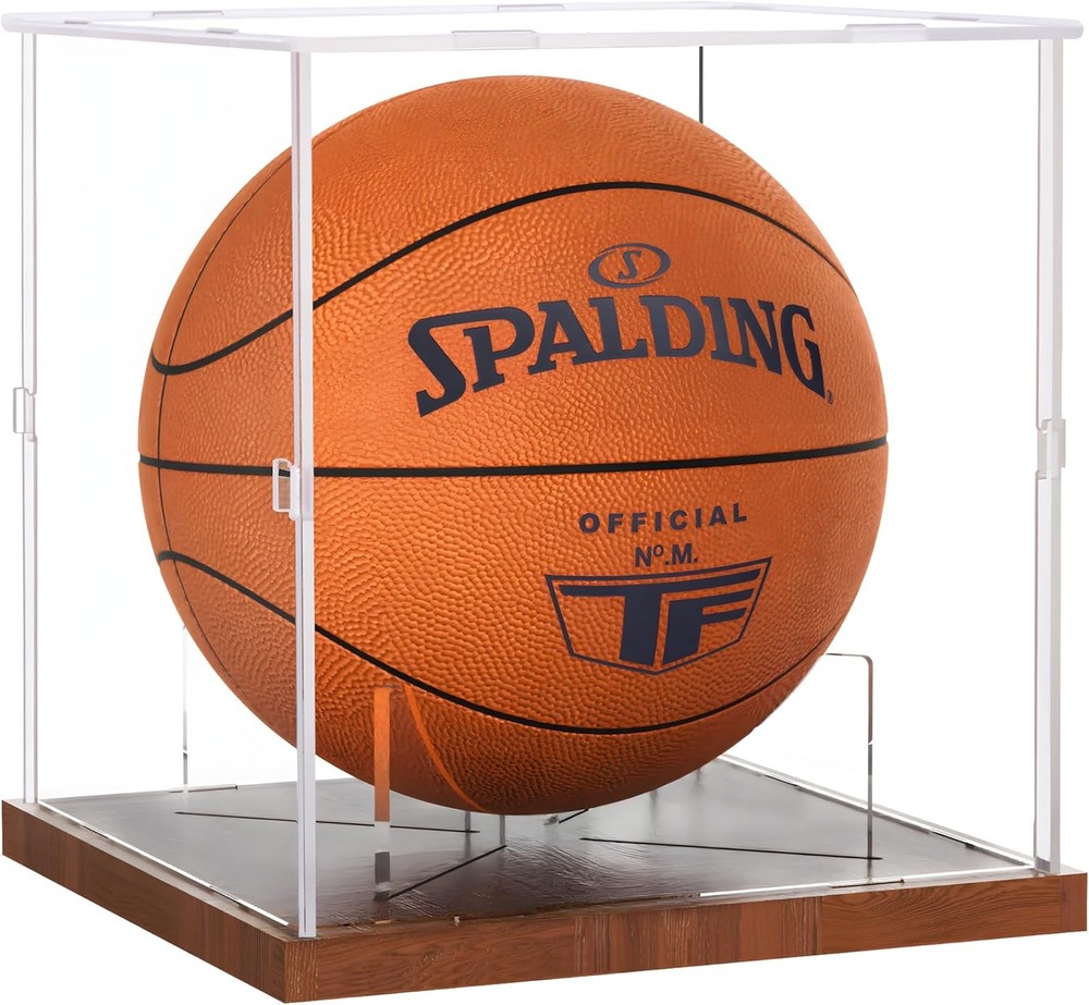 Basketball Display Case Acrylic Clear, UV Protected Stand Walnut