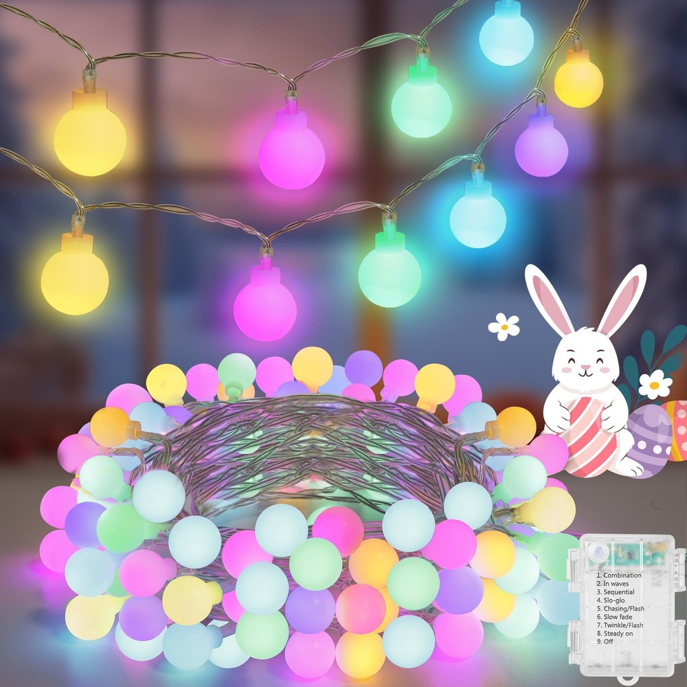 50 LED Globe String Lights 16.4FT Pastel Easter 8 Modes Timer Waterproof Garland