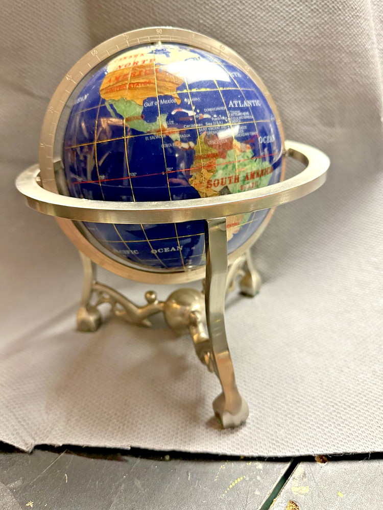 10 Inch Decorative Gemstone Inlaid  World Globe With Solid Brass Three.