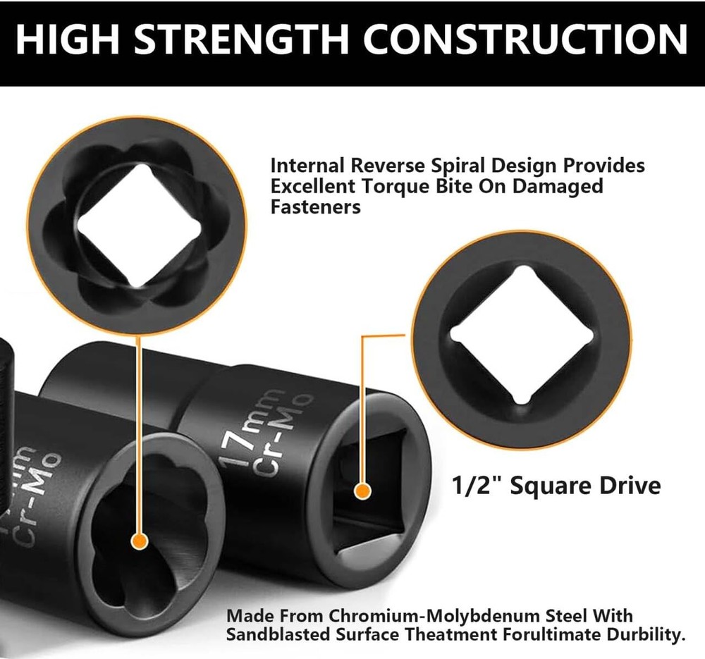5Pc Wheel Lug Nut Remover 1/2" Drive Twist Socket Kit Remove Damaged Locked Nut
