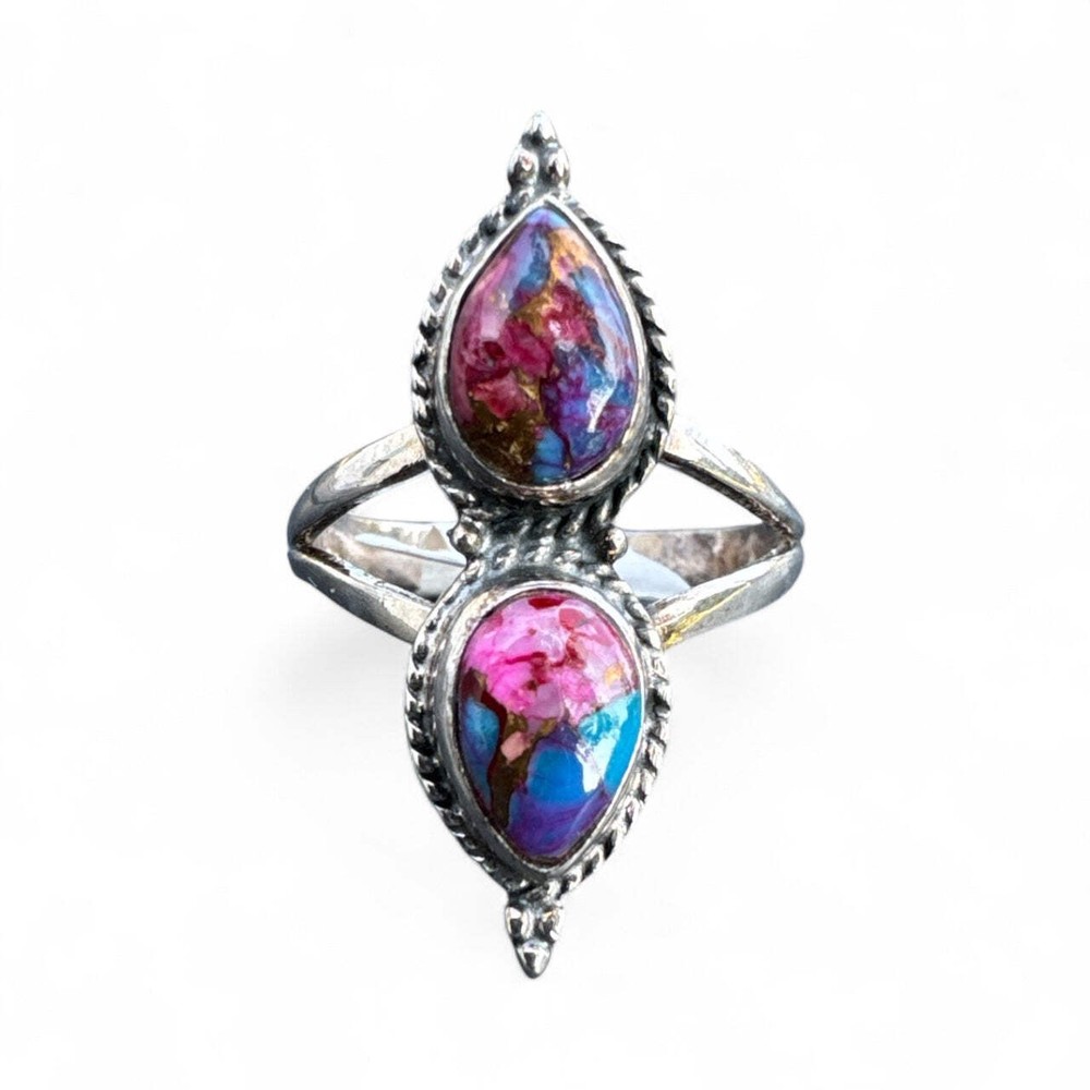 Kingman Pink Dahlia Turquoise Solid 925 Sterling Silver Ring 9.5