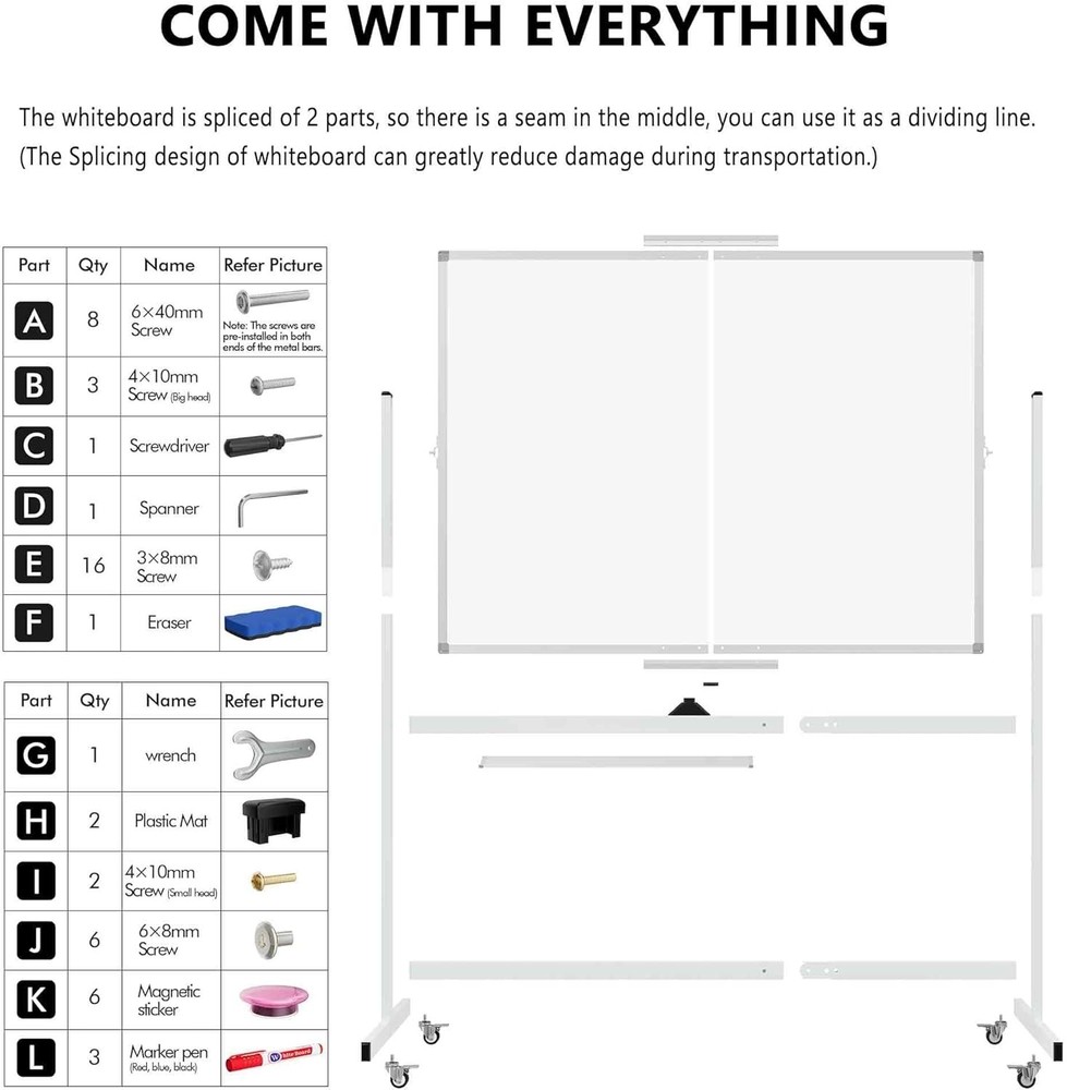 Large Rolling Whiteboard on Wheels, 48" x 36" Double-Sided Mobile White Board...