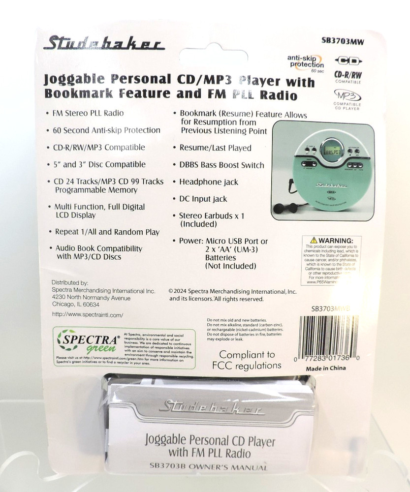 Studebaker SB3703MW Joggable CD/MP3 Player (Pale Green) / Open Package