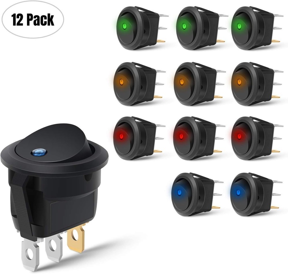 20A 12V Round Toggle LED Switches - 12PCS Panel Mount Rocker Control Assortment
