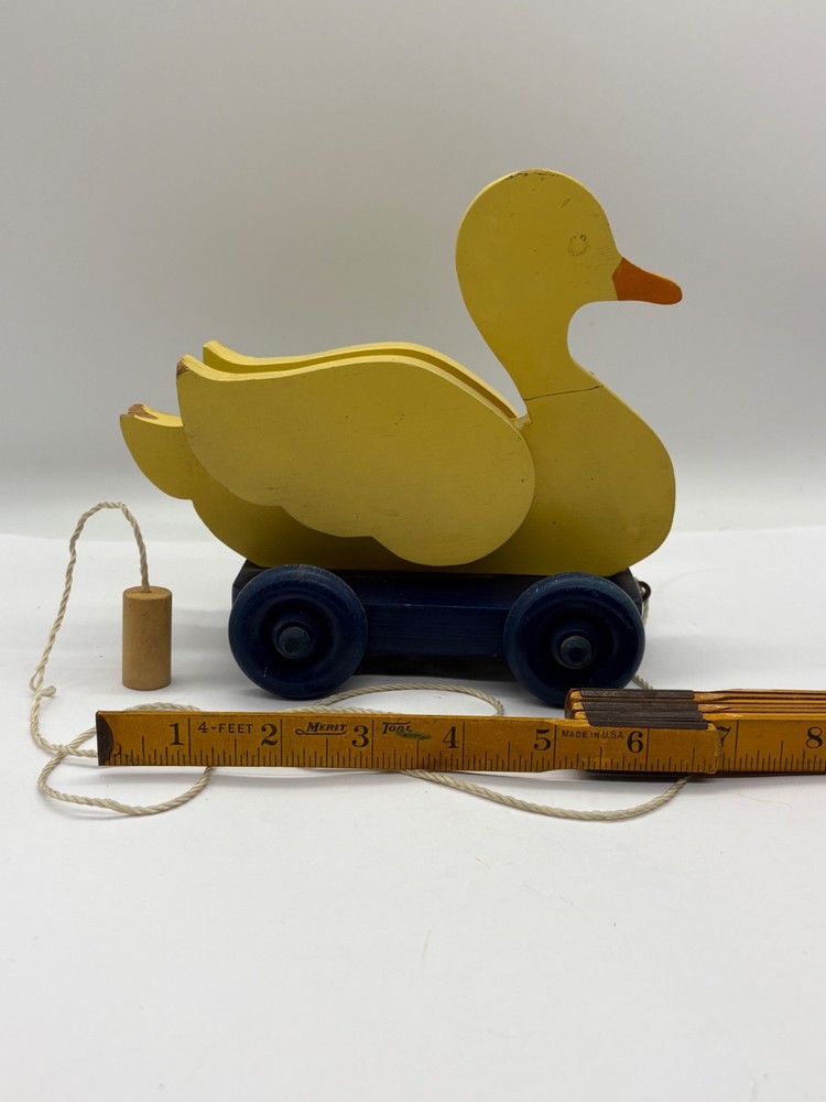 Vintage Wooden Yellow Duck Pull Toy, Original String, Repaired, Has 2 chips