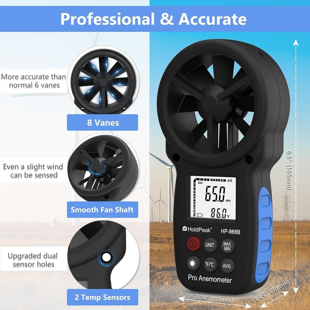 Accurate Digital Anemometer with Backlight for Wind Speed & Temp Measurement