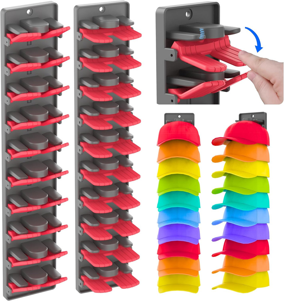 Hat Organizer for Baseball Caps 2 Packs with Built Spring Clips - Wall Mount Clo