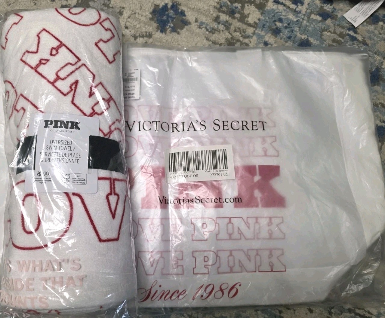 Victoria’s Secret PINK Love Pink Tote Bag & Towel Set White Red Logo Set