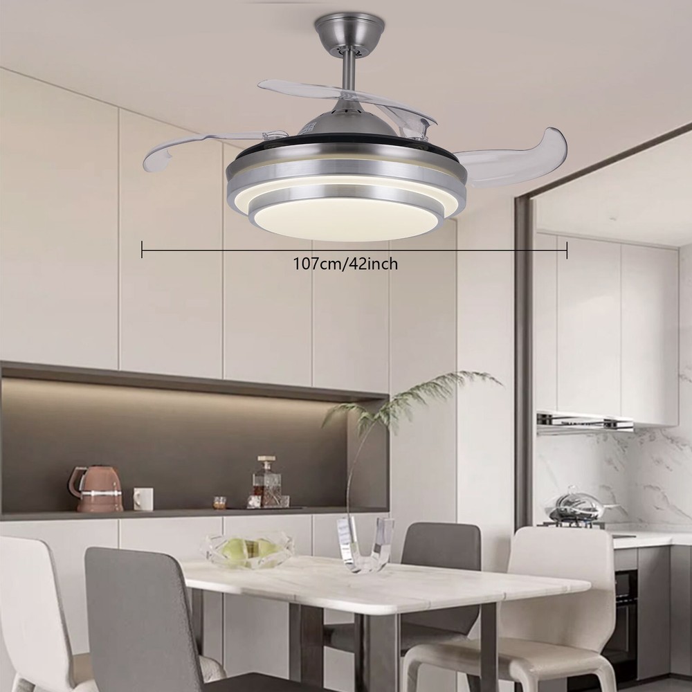 42" Retractable Ceiling Fan Lamp Dimmable LED Chandelier w/ Light Remote Control