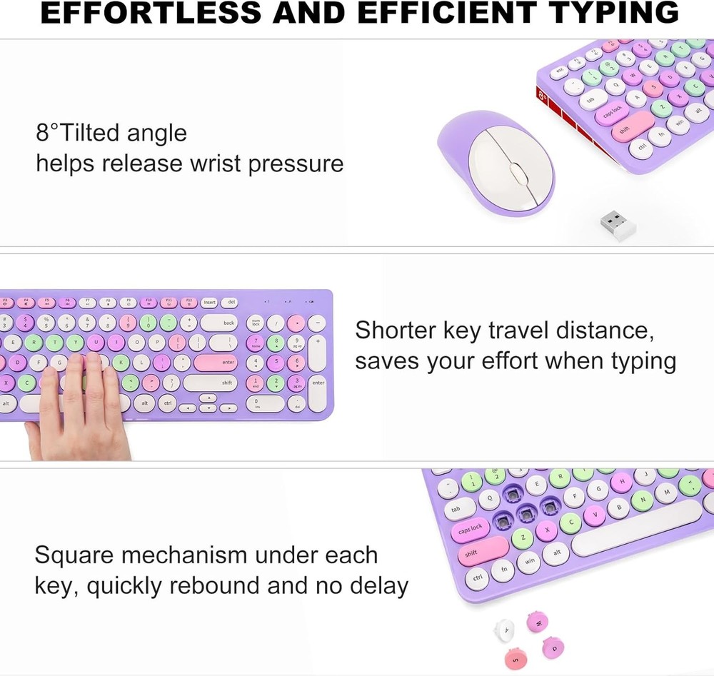 Wireless Keyboard and Mouse Combo, Retro Typewriter Keyboard with Round Keycaps