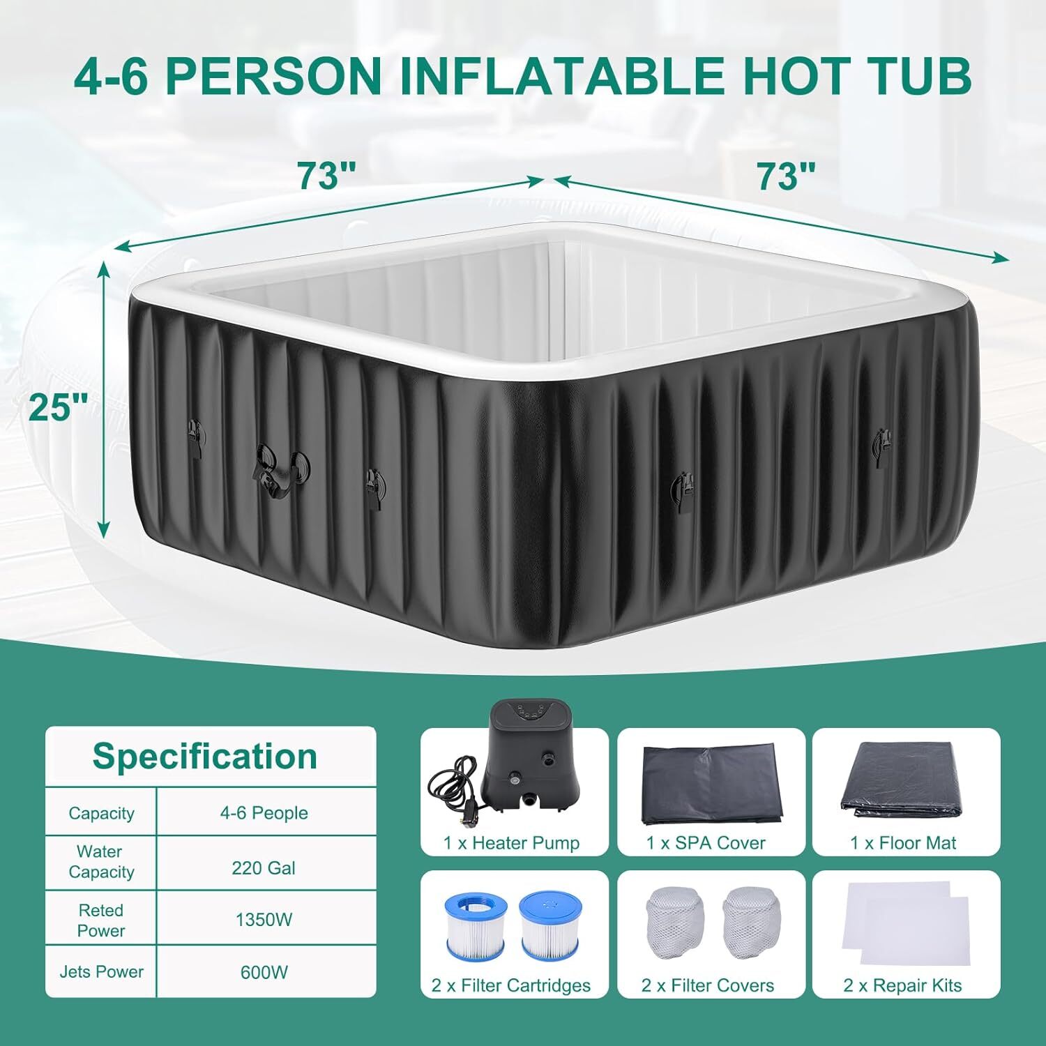 SLSY 6 Person Inflatable Hot Tub Portable Outdoor Spa with 130 Bubble JetsFilter
