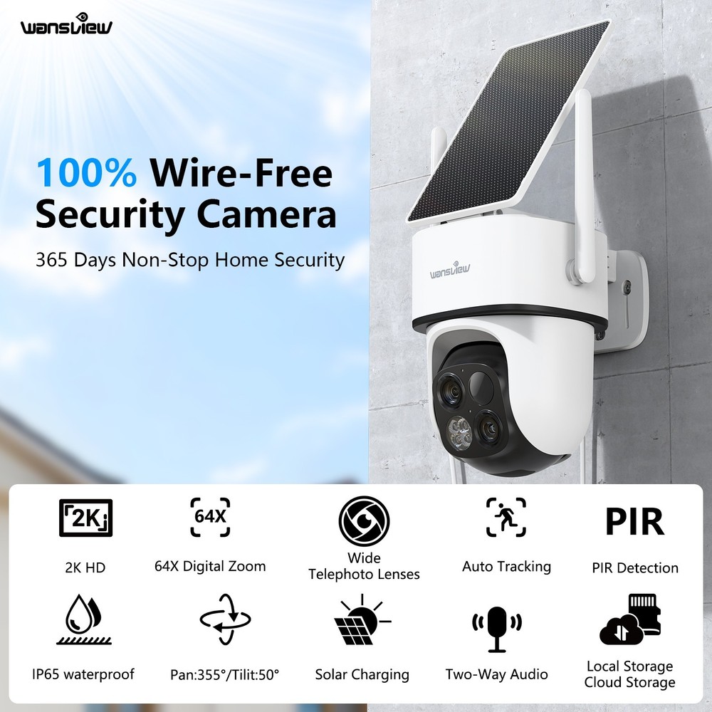 Wansview Solar Wireless Security Camera 360°PTZ 2K 3MP Dual-Cam Human Detection