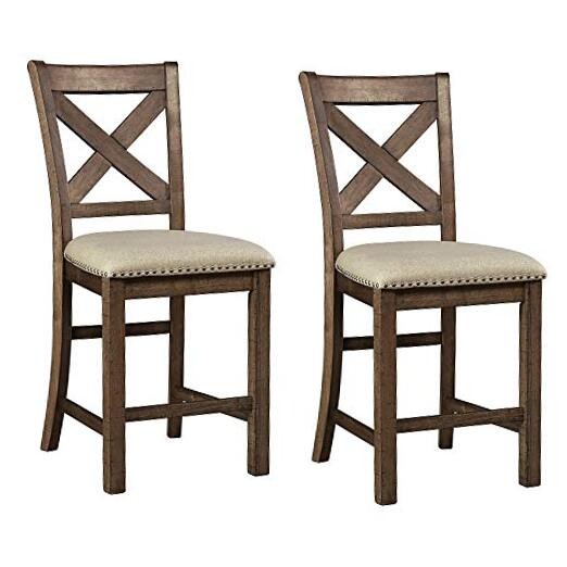 Moriville Rustic Farmhouse 24.5" Upholstered Barstool, 2 Count, Beige & Brown
