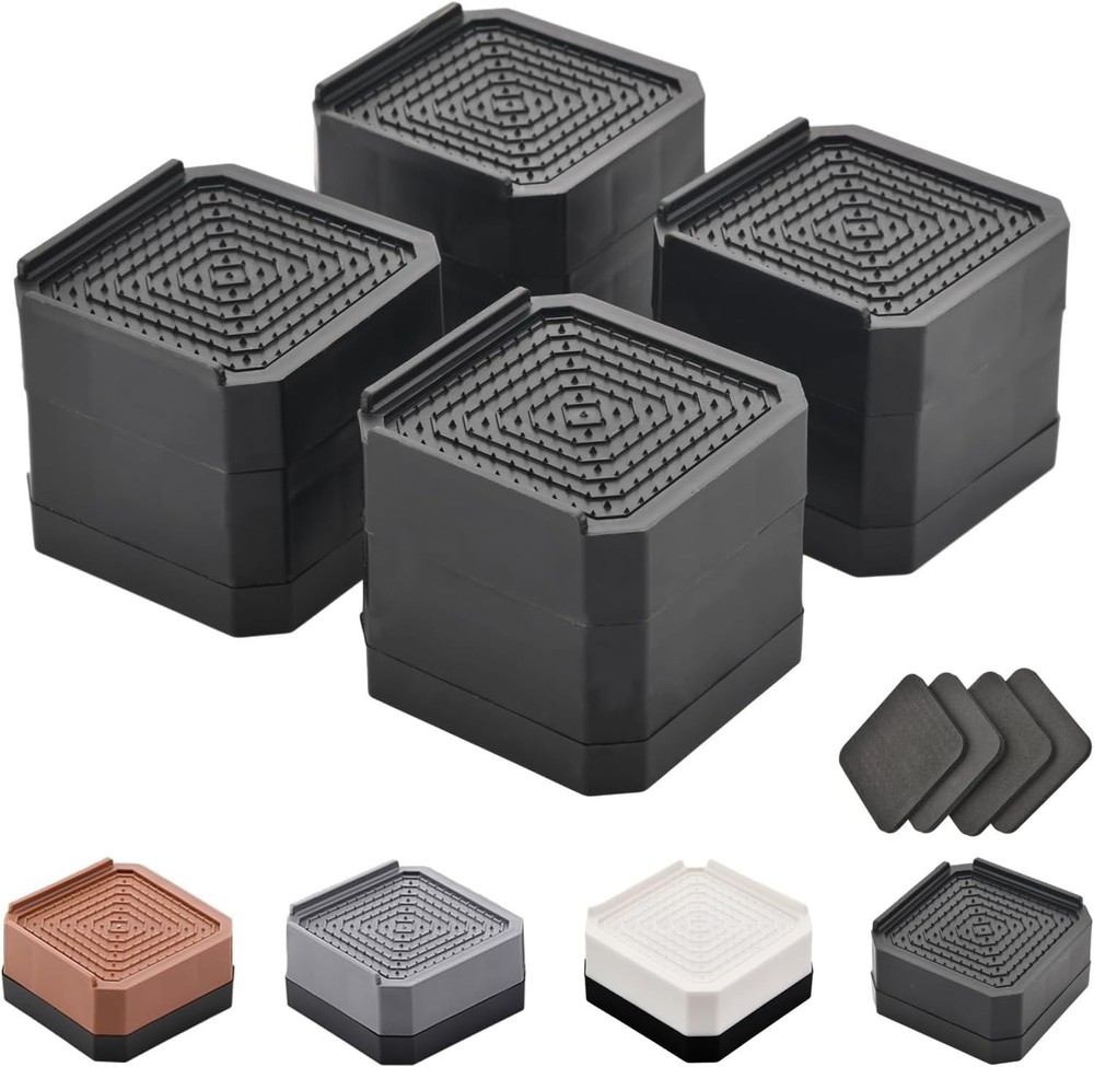 Adjustable Furniture Elevators with Shock Absorption - 4 Pack Black Risers
