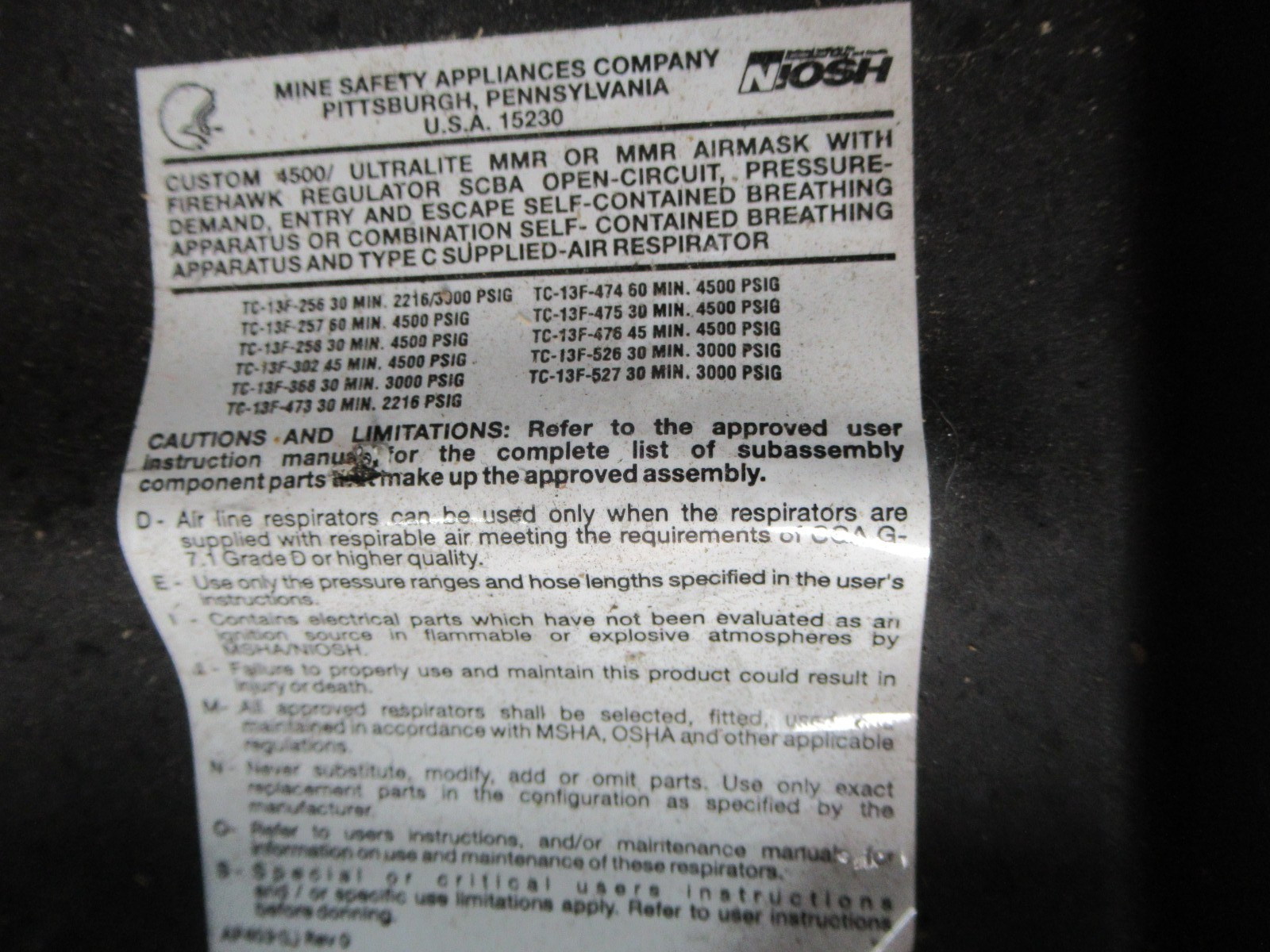 MSA Firehawk SCBA Pack Harness - 4500 PSI WITH RESCUE BELT DESCENDER REGULATOR