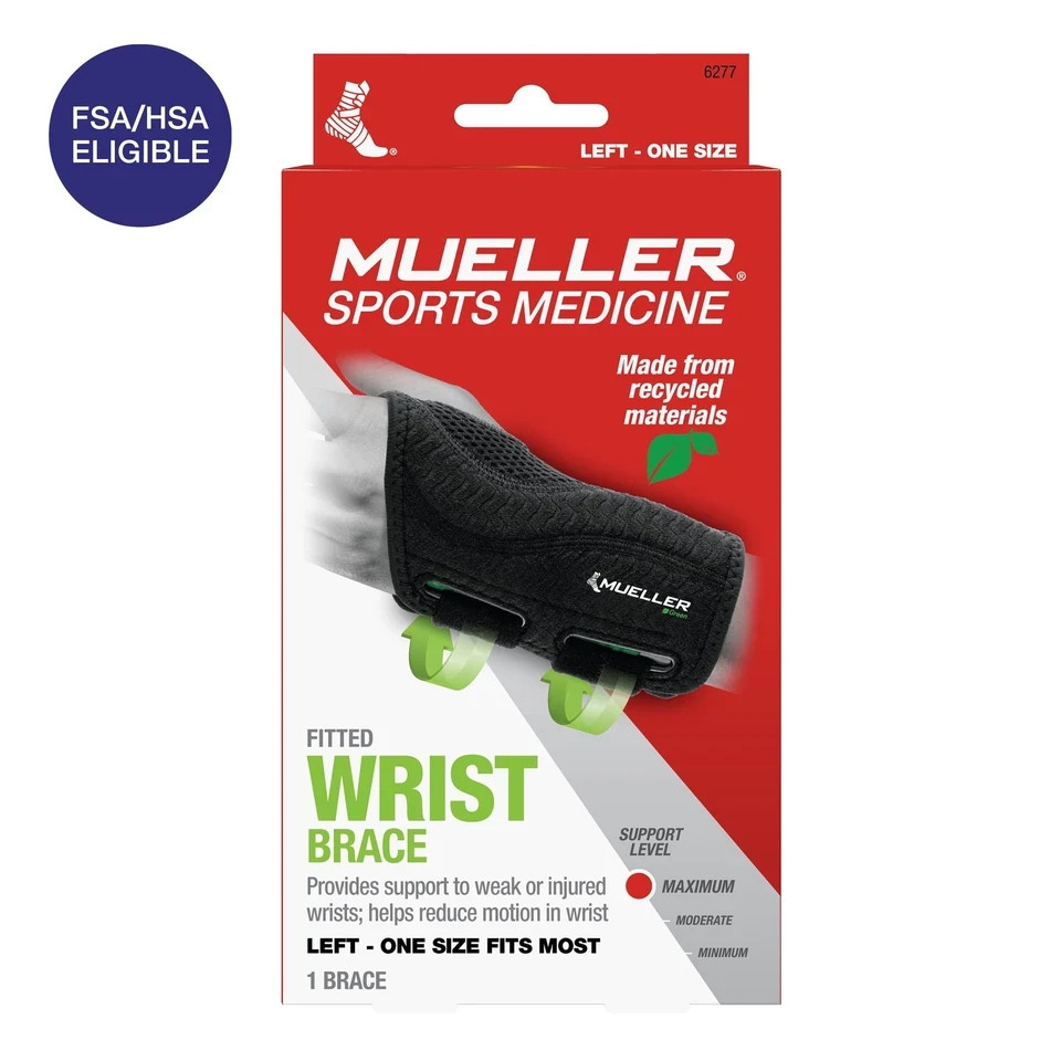 Mueller Green Fitted Wrist Brace, Left Hand, Unisex, One Size Fits Most,