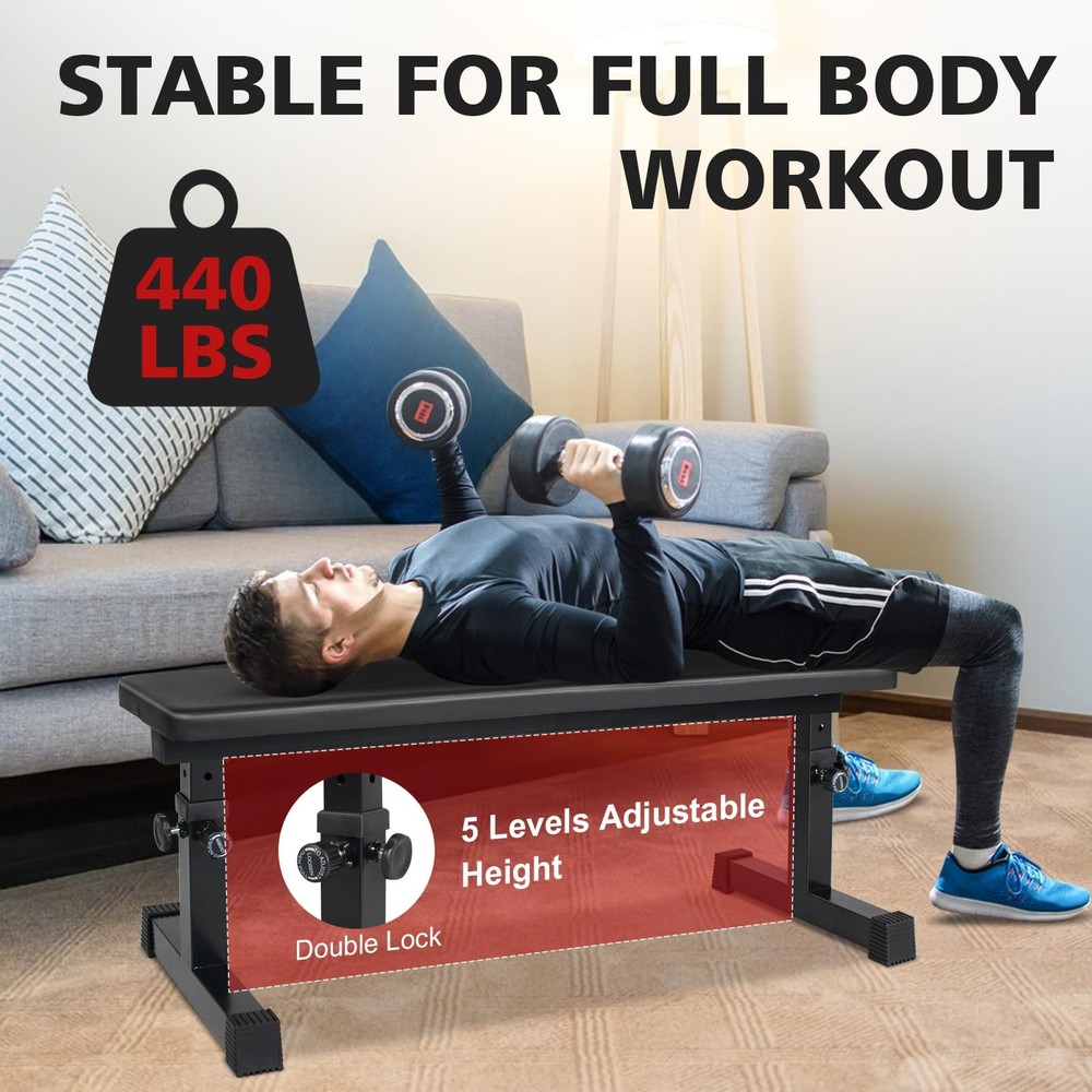 Flat Weight Bench, Utility Workout Adjustable Height Weight Bench Press with ...