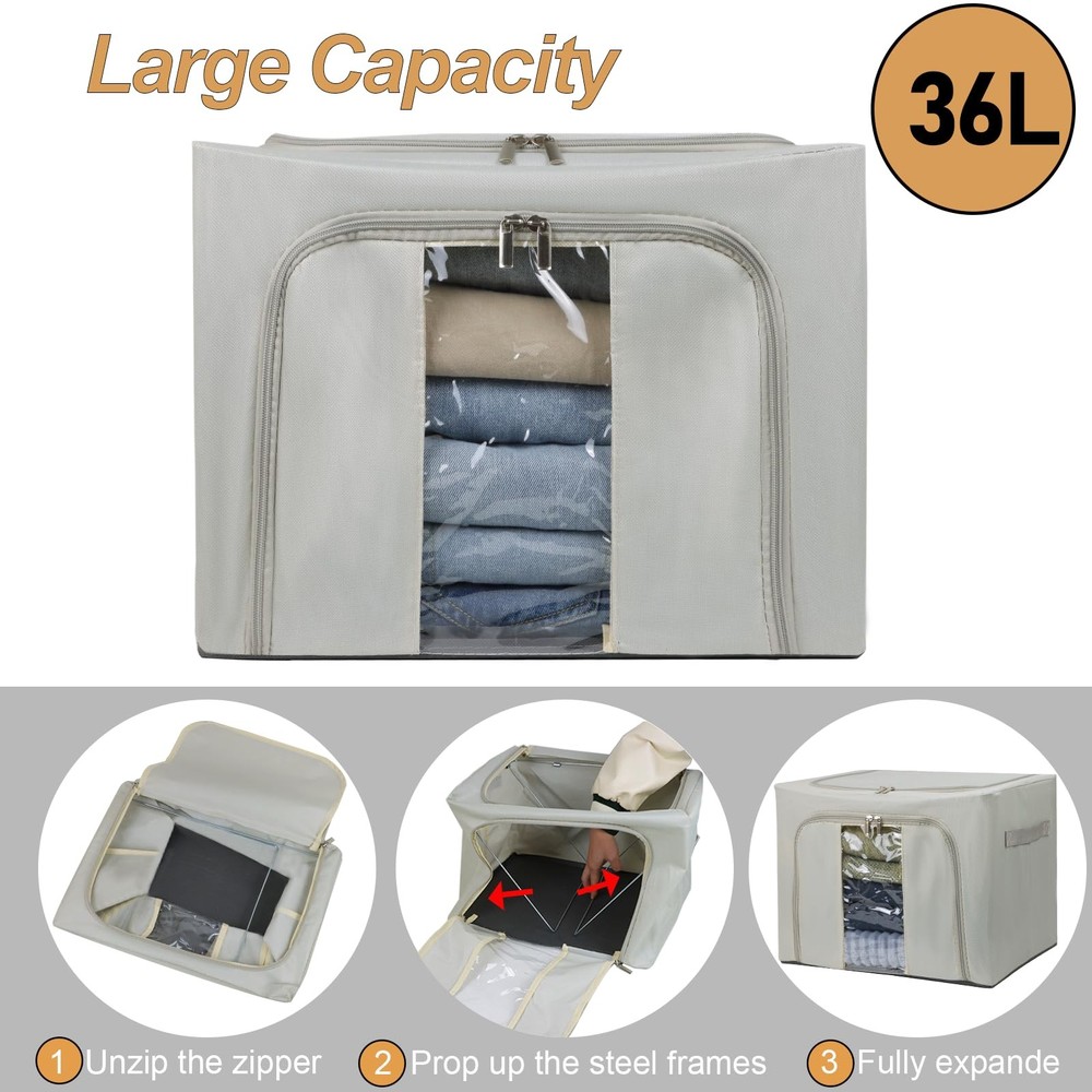 36L Clothes Storage Bins with Metal Frame, 3 Pcs Stackable Clothing Storage B...