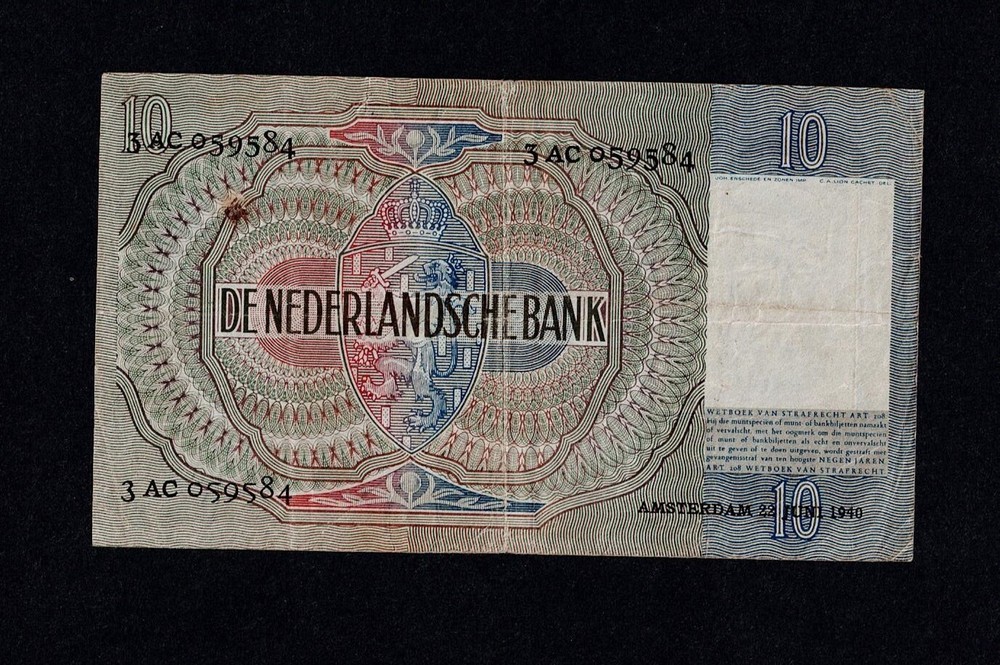 NETHERLANDS 10 GULDEN 1940 PICK#53a VF 3AC 059584