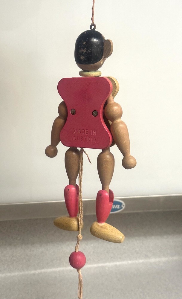 Wooden Monkey Pull String Puppet/Jumping Jack Vintage Toy Made In Austria