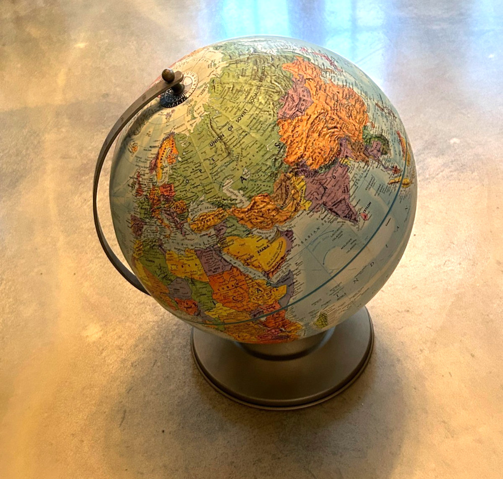 Vintage 1960s REPLOGLE 12" WORLD GLOBE Rotating Relief Map Countries Oceans Base
