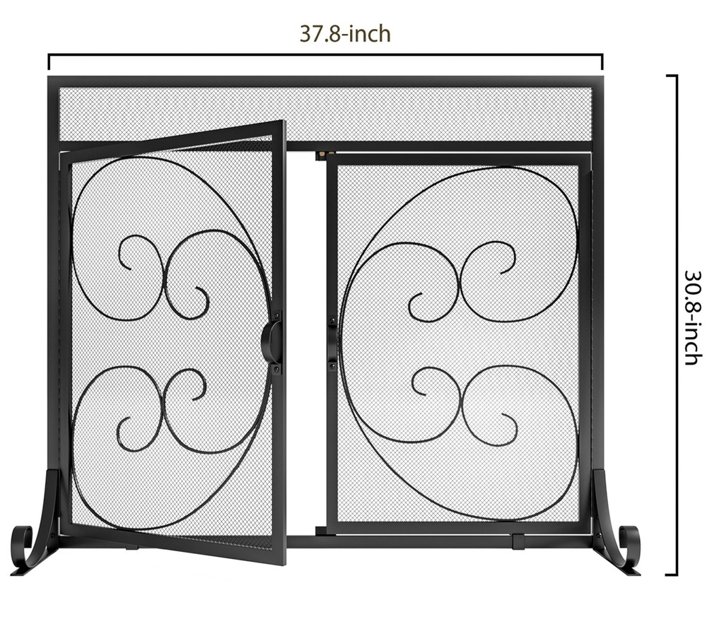Flat Fireplace Screen with Hinged Doors Handcrafted Wrought Iron Classical Sc...