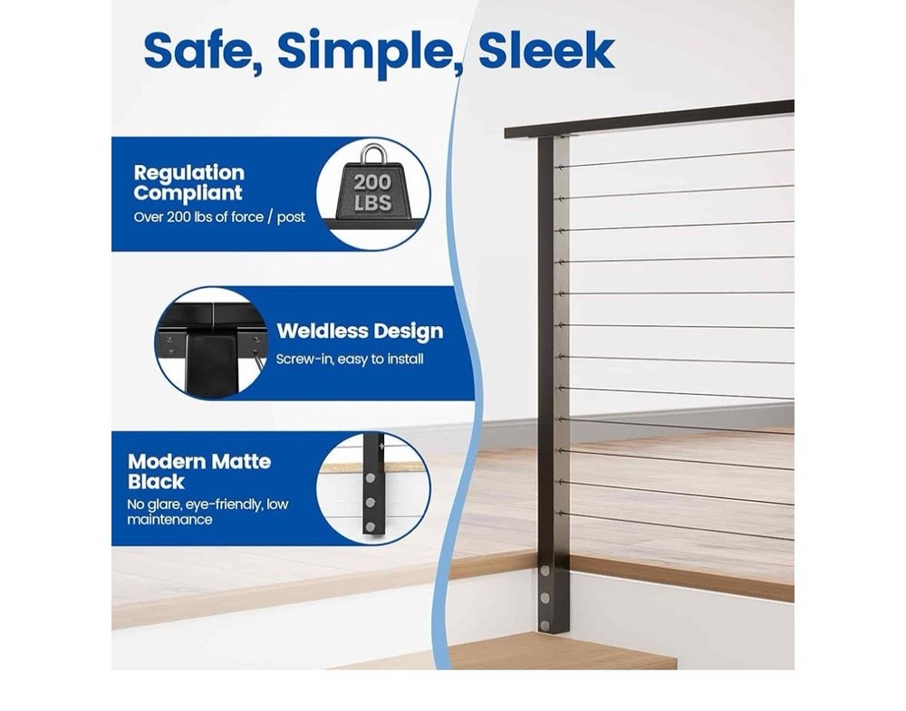 Muzata Black Side Mount Cable Railing Post 42 Inch 42"x2"x2" Level - C3
