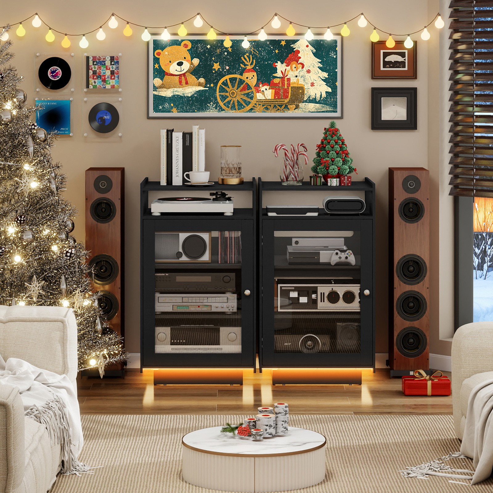 5-Tier Media Cabinet with LED Lights, Tempered Glass Door, Black AV Stand