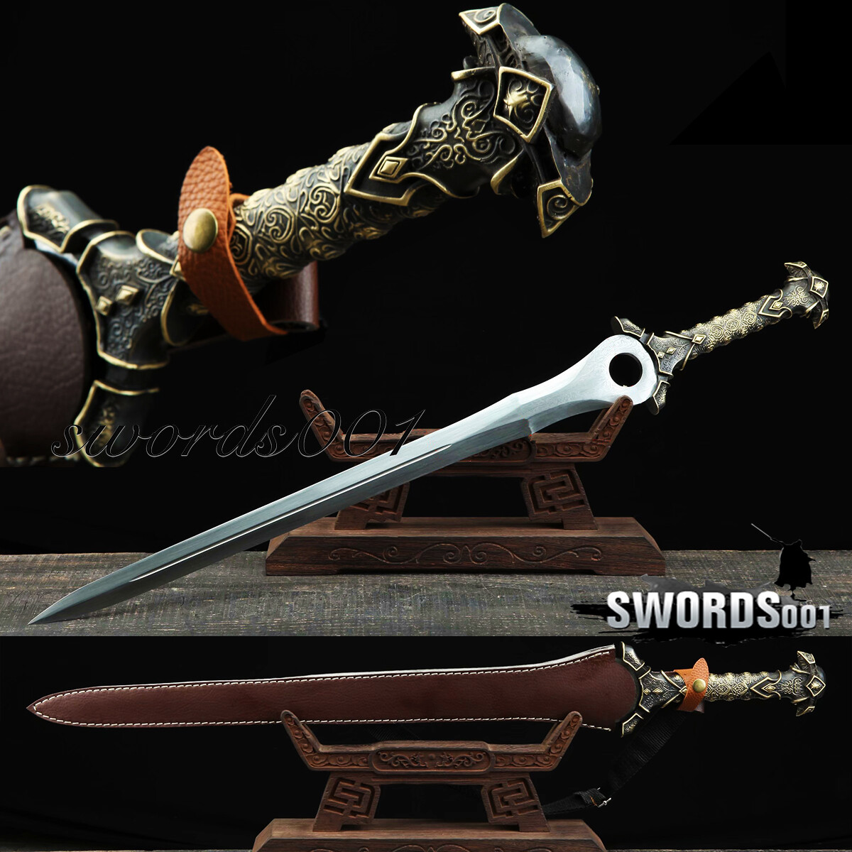 Handmade Brass Handle Short Divine Sword Damascus Steel Blade Leather Sheath