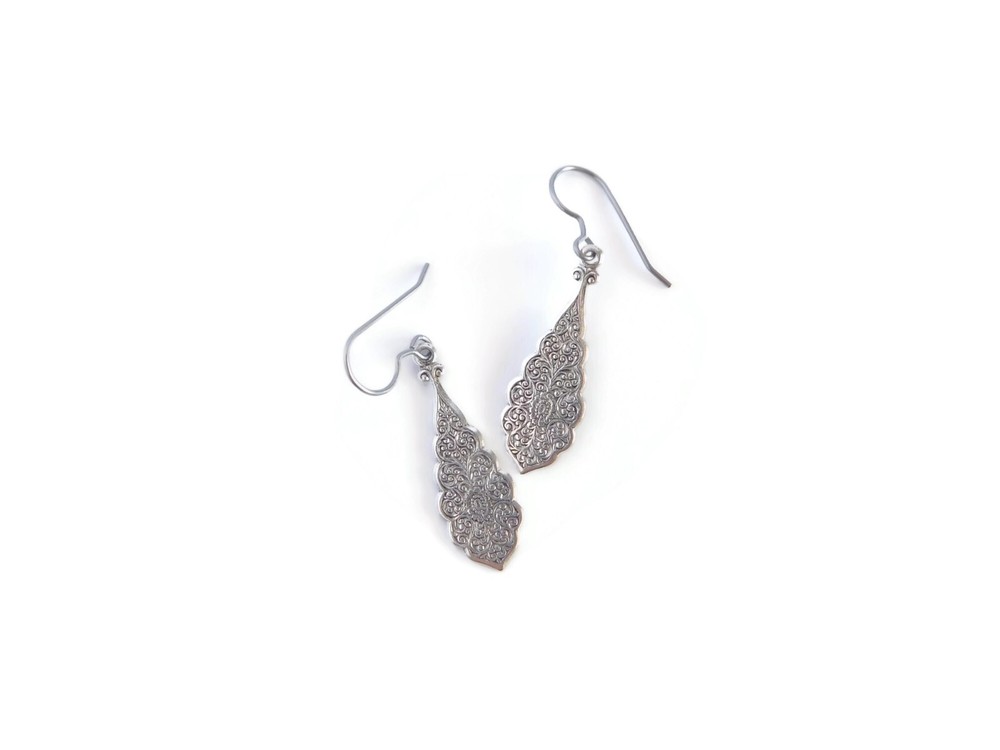 Filigree Drop Earrings, Silver Plated Brass, Handmade