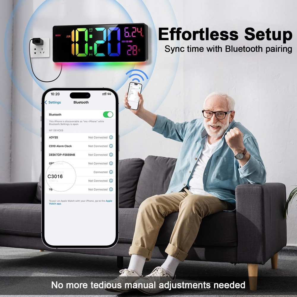 16" Bluetooth Large Digital Wall Clock/Auto Time Sync, 10 RGB Colors Digital ...