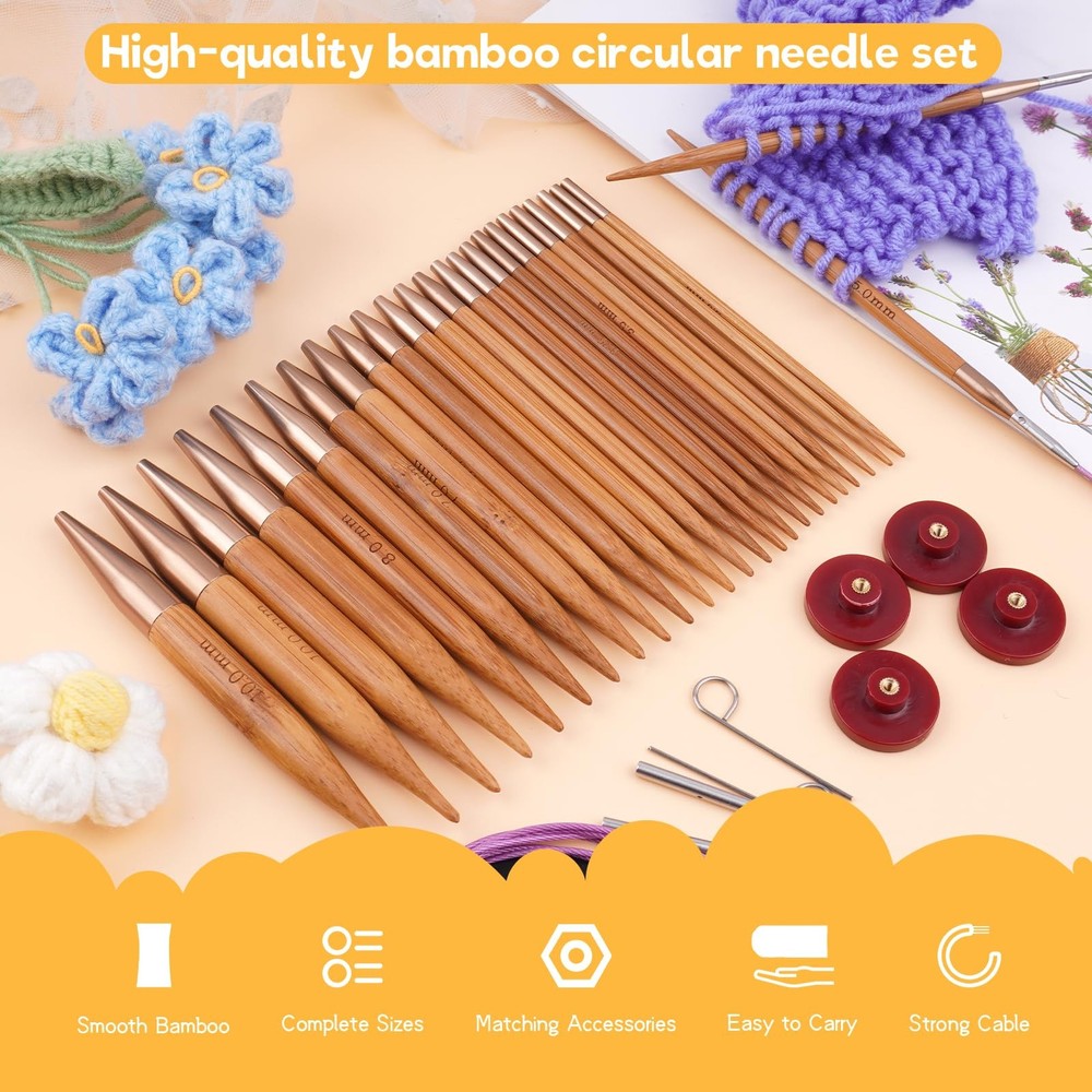 Knitting Needles Set with Bamboo Circular Knitting Needle 13 Pair Interchange...