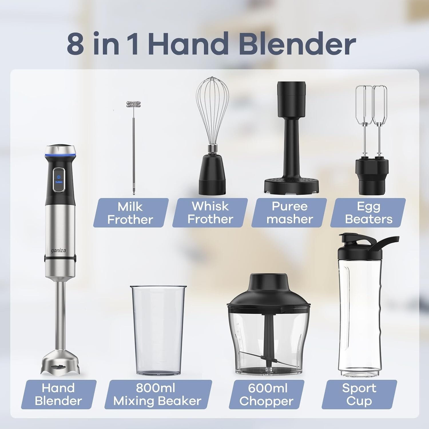 Heavy Duty Stainless Steel Immersion Blender - 8-in-1 with Turbo Boost Function