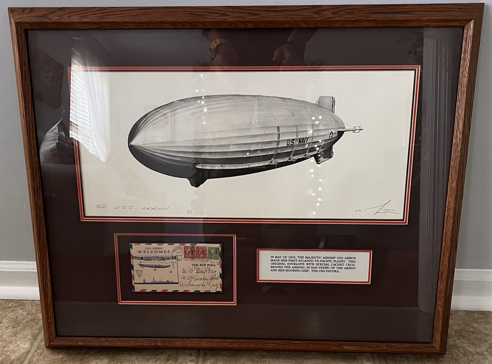 USS AKRON Signed Sketch With AIRMAIL LETTER  That Was Carried Aboard - Framed