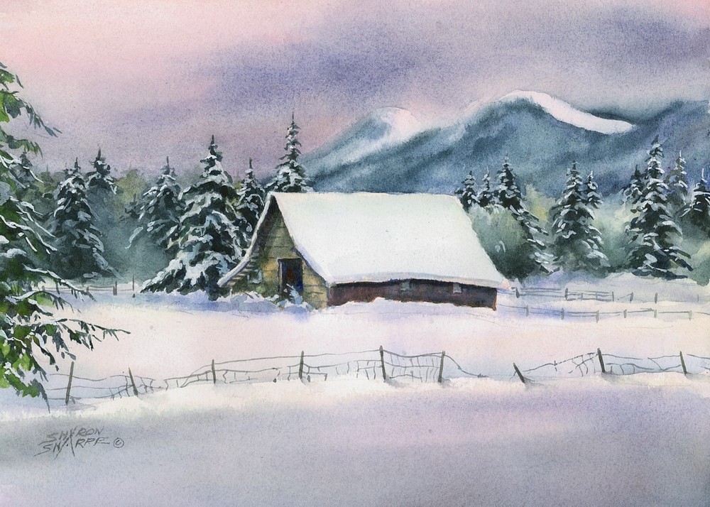 ACEO, ATC WINTER BARN  by Sharon Sharpe!!!