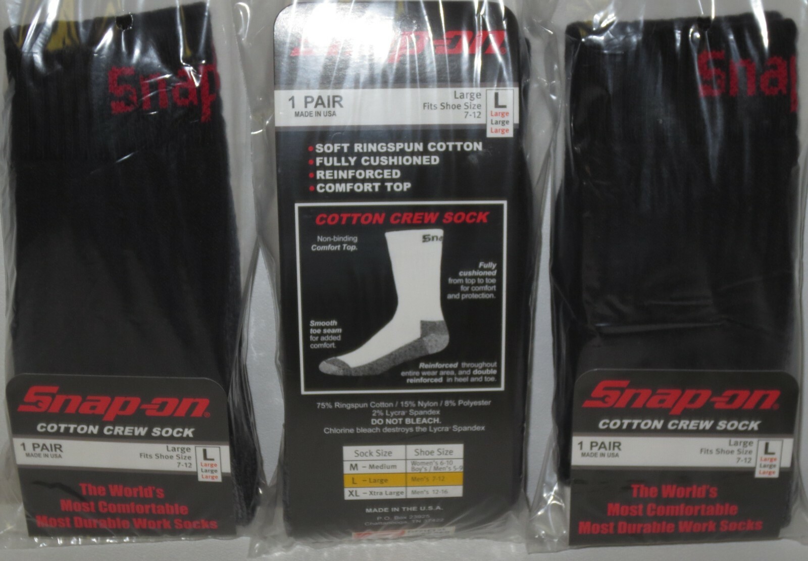 12 Snap-On CREW Socks BLACK LARGE ~ FREE SHIPPING ~ MADE IN USA 12 PAIRS *NEW*