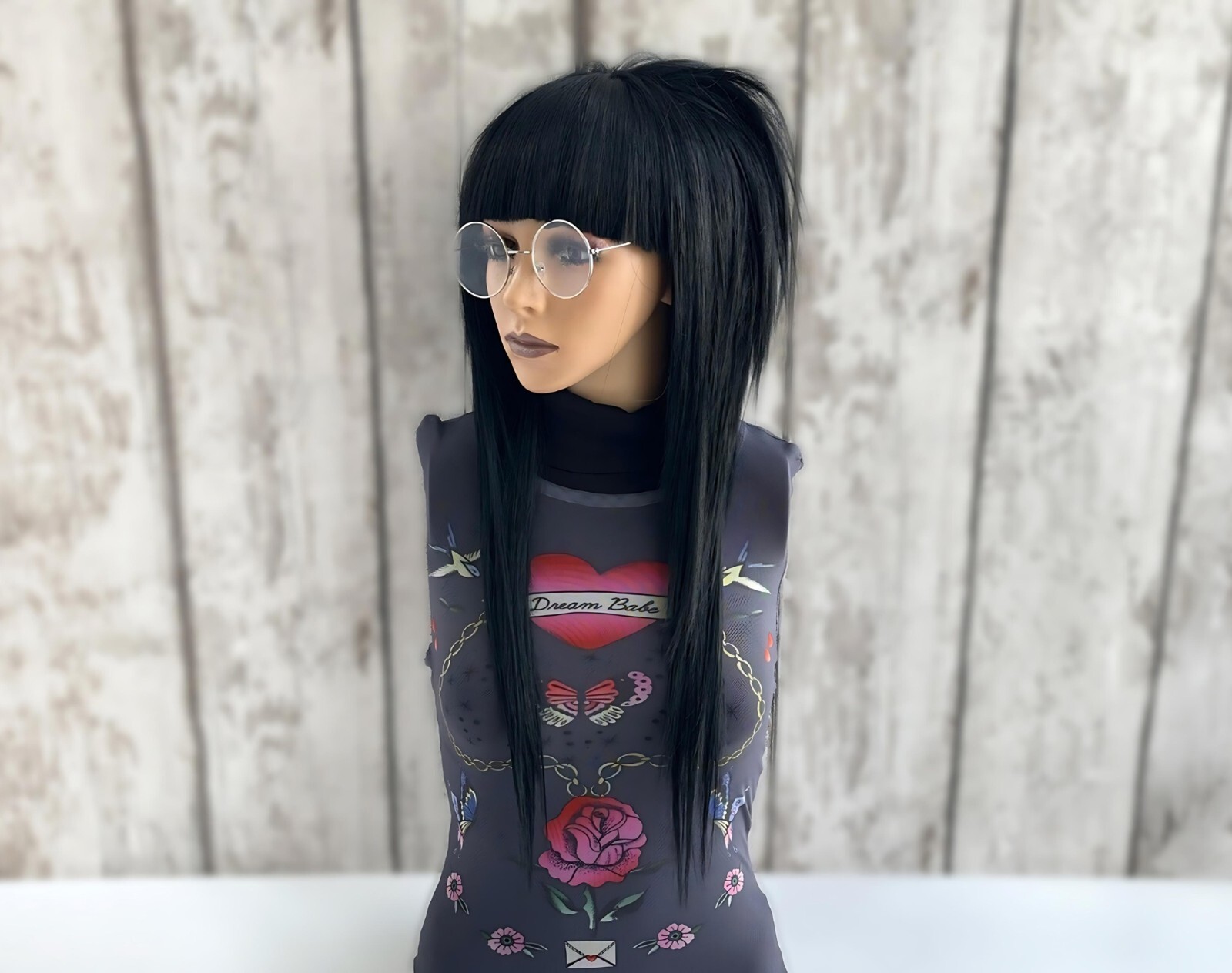 Emo Scene Wig Black Layered Shag Mullet Wig with Straight Bangs