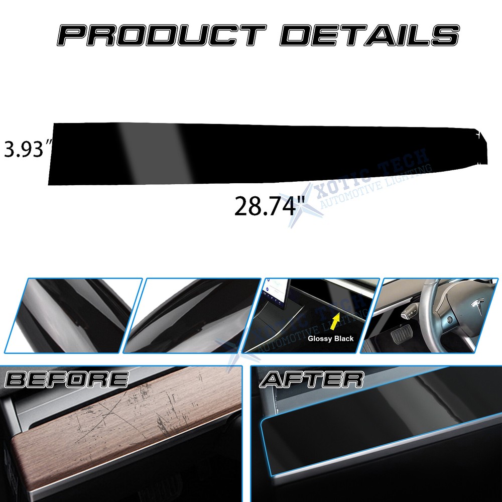 For Tesla Model 3 Y 2017-up Gloss Black Interior Dashboard Wrap Strip Stickers