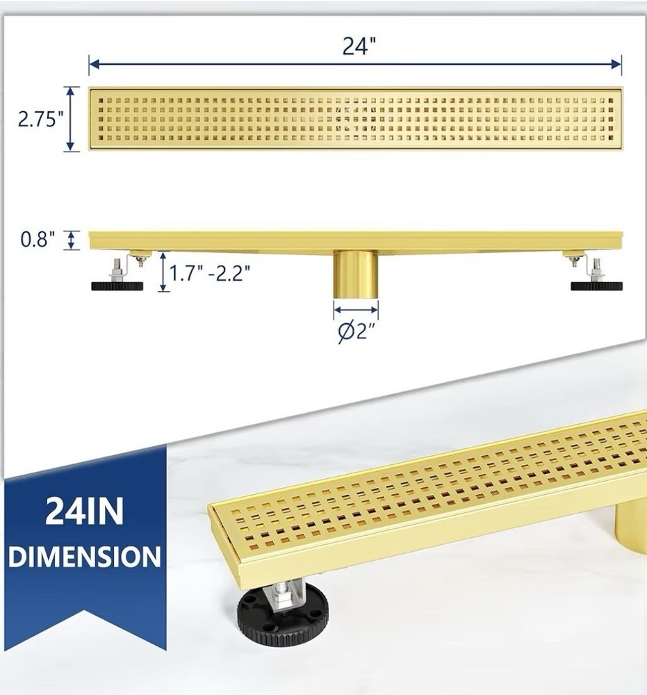 24" Linear Shower Floor Drain | Brushed Brass